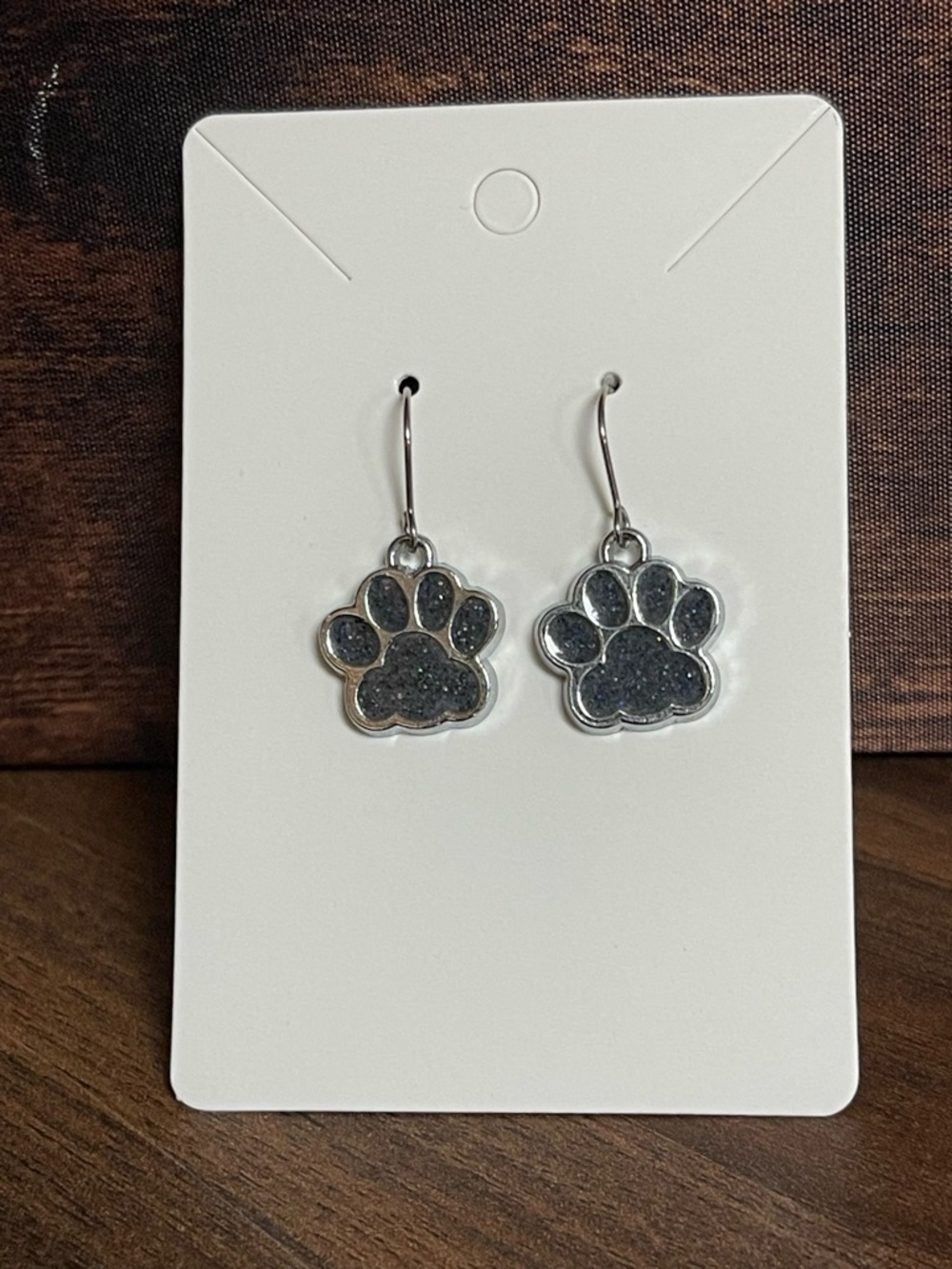 Silver Paw Print Dangle Earrings with Glitter Inlay